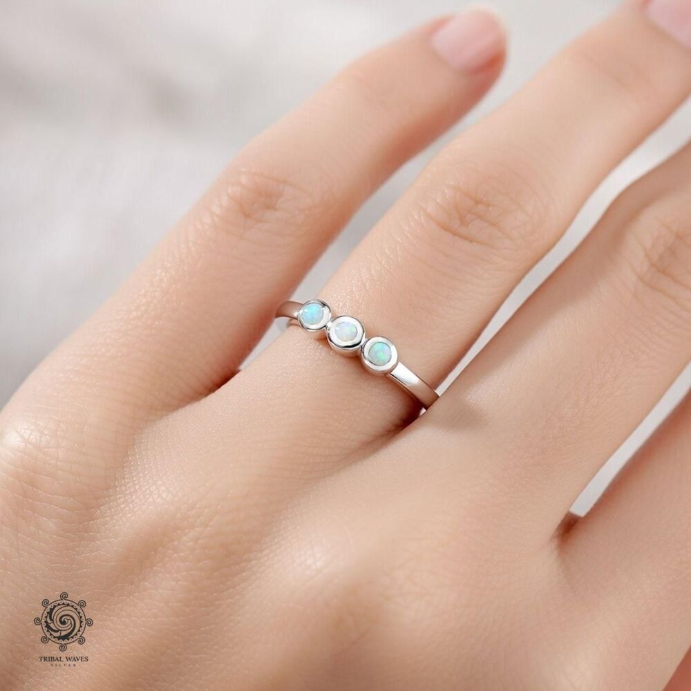 925 Sterling Silver RingThree Tiny White Opals Sizes 4 - 9